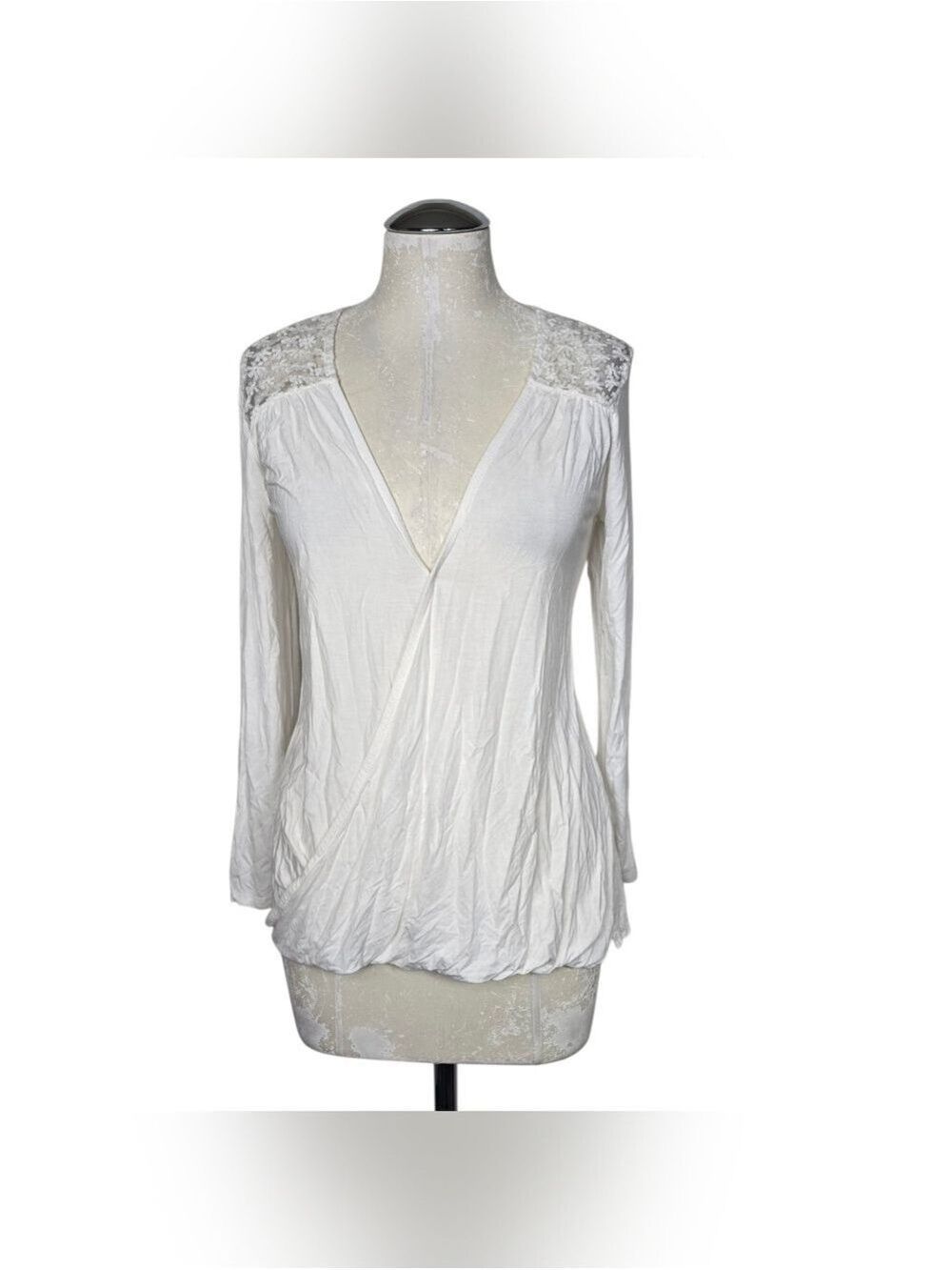 Shannon Ford New York White Faux Wrap Top Sheer Lace Long Sleeves S